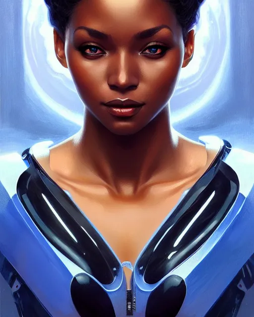 Image similar to Portrait of very very very very very very beautiful black woman, spacesuit, blue eyes, intricate, elegant, highly detailed, digital painting, artstation, concept art, smooth, sharp focus, illustration, real life skin, art by artgerm and greg rutkowski and alphonse mucha