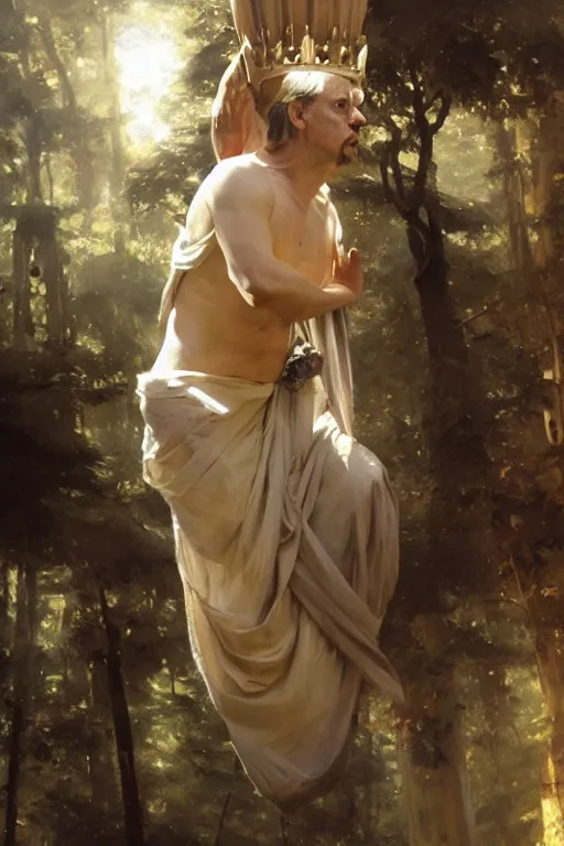 Image similar to beautiful oil painting portrait of ancient roman god emperor steve buscemi floating in the air wearing the civic crown levitating and ascending in a religious pose, ascension, art by anders zorn, wonderful masterpiece by greg rutkowski, expressive brush strokes, beautiful cinematic light, american romanticism by greg manchess, jessica rossier