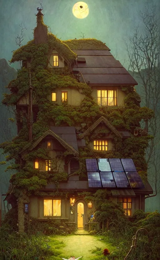 Image similar to a hyper realistic witchy cottage with solar panels on a tall hill, mountains, atmospheric lighting, lush foliage, painting by chiara bautista and tom bagshaw, mucha, beksinski and norman rockwell and greg rutkowski weta studio, and lucasfilm