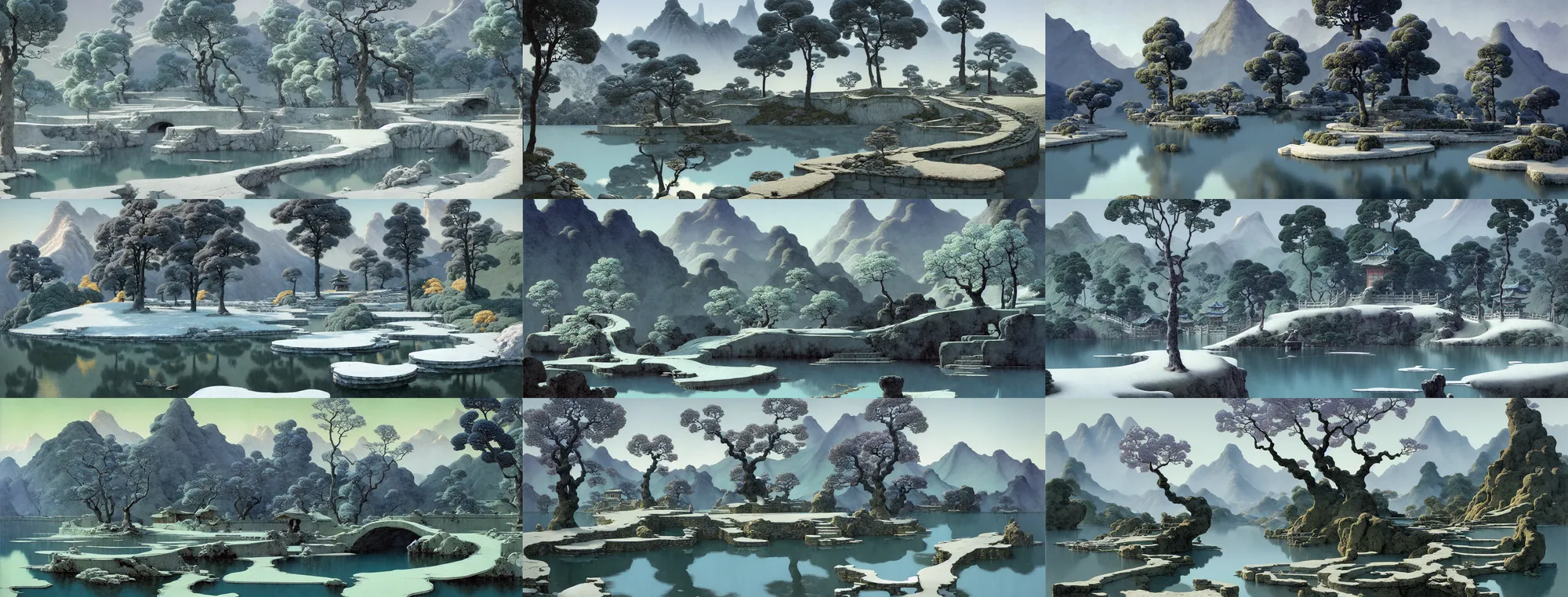 Prompt: a gorgeous bleak spring landscape painting by barlowe wayne maxfield parrish and marco mazzoni. tree no leaf!! china mountain village!! grey blue and verdancy. the lake ice is melting. the winding stone steps. ultra clear detailed. 3 d, octane render. chinese wuxia.