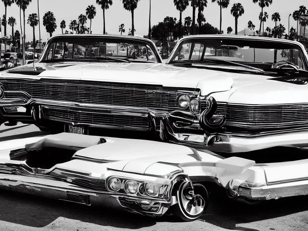 Prompt: “A black and white 28mm photo of a 1964 Chevy Impala lowrider in Los Angeles”