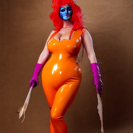 Image similar to Big bust witch in orange latex dress and orange latex gloves holding raven feather