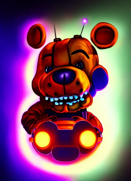 Image similar to portrait of freddy fazbear, glowing lights, highly detailed, digital painting, artstation, concept art, sharp focus, illustration