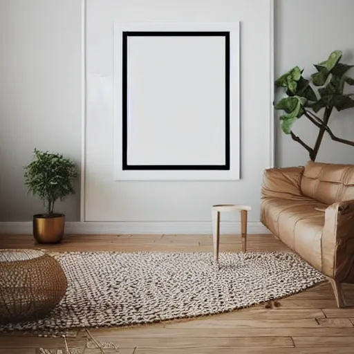 Image similar to minimalist clean bright mockup photo of large blank frame on floor with light wooden moulding, white background wall, light boho carpet, trending on etsy