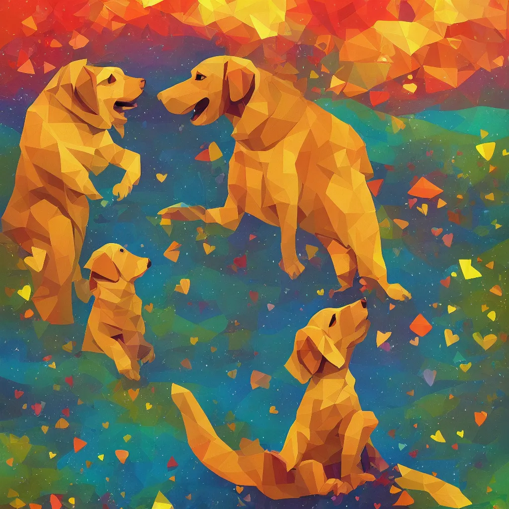 Prompt: low poly, pixar, love, love, golden retriever, golden retriever, golden retriever, magic realism, vivid colors by andy kehoe and amanda clarke y shamsia hassani