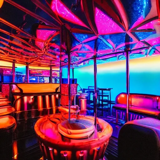 Image similar to architectural digest photo, inside dark and moody crowded futuristic neon tiki bar inside a yacht, many large tropical plants, open dance floor and dj booth, blue lighting with small pastel orange and pink accent lights, crowd of cool people dancing