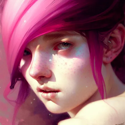 Image similar to Portrait of a tomboy with pink hair, glowing skin, fantasy, intricate, elegant, highly detailed, digital painting, artstation, concept art, smooth, sharp focus, illustration, art by Krenz Cushart and Artem Demura and alphonse mucha