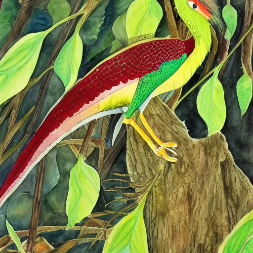 Prompt: A detailed illustration of a male Resplendant Quetzal, watercolour, white matte