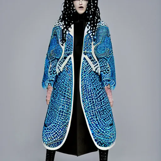 Image similar to fashion 2 0 5 0 fantastic openwork long coat with intricate pattern on a beautiful symmetrical girl with blue hair, hyper realistic photos