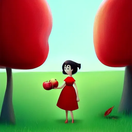 Image similar to goro fujita ilustration brunette girl in red dress grabbing an apple from a tree in the forest, painting by goro fujita, sharp focus, highly detailed, artstation
