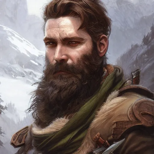 Image similar to portrait of a rugged bearded male ranger, D&D, fantasy, intricate, elegant, highly detailed, digital painting, artstation, concept art, smooth, sharp focus, illustration, art by artgerm and greg rutkowski and alphonse mucha