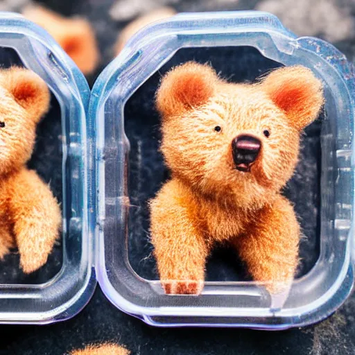 Prompt: macro shor photograph of tiny realistic looking bears inside of a plastic food package