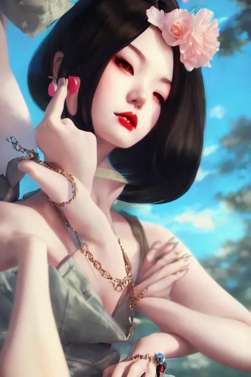 Image similar to a pin up and beautiful fashion charming dreamlke japan girl with lv jewelry, character art, art by artgerm lau and wlop and and ilya kuvshinov and john singer sargent, hyperdetailed, 8 k realistic, symmetrical, frostbite 3 engine, cryengine, dof, trending on artstation, digital art