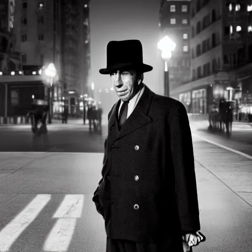 Prompt: a picture of a man with the face of humphrey bogart, wearing a 1 9 4 0's noire detective outfit, standing in the streets of chicago at night, 4 k octane render highly realistic digital painting