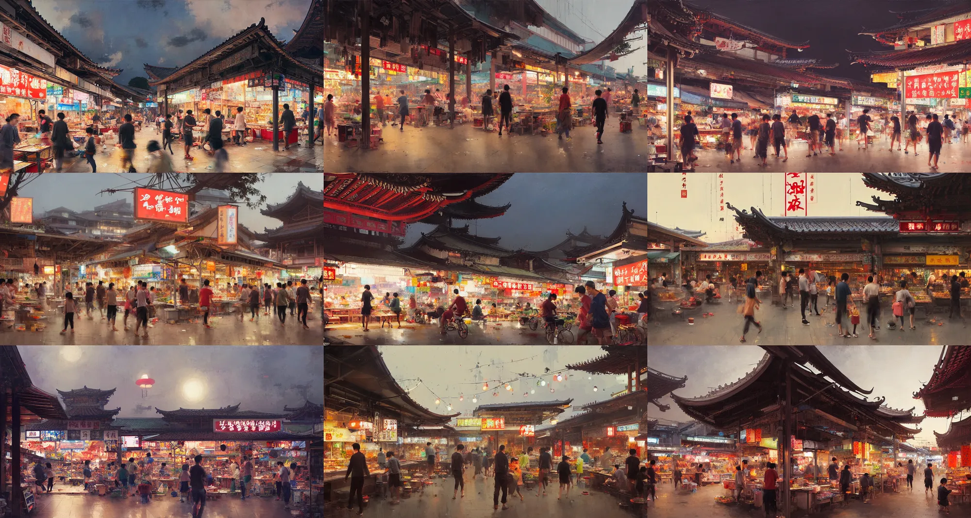 Prompt: a taiwanese hawker center at twilight, merchant stands, customers, busy, bustling, pedestrians, by ruan jia and greg rutkowski and conrad roset