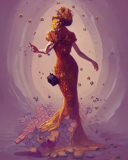 Prompt: woman wearing honeycomb dress, dripping honey, beehive couture, overgrown flower pollen fashion couture, artgerm, peter mohrbacher, artstation