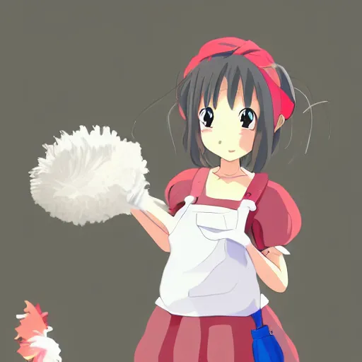 Image similar to cute anime maid cleaning, character drawing, studio ghibli, animation, vivid line art, award winning, trending on artstation,