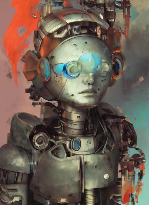 Prompt: surreal gouache painting, by yoshitaka amano, by ruan jia, by conrad roset, by good smile company, detailed anime 3d render of a mechanical android, portrait, cgsociety, artstation, modular mechanical costume and headpiece, dieselpunk atmosphere