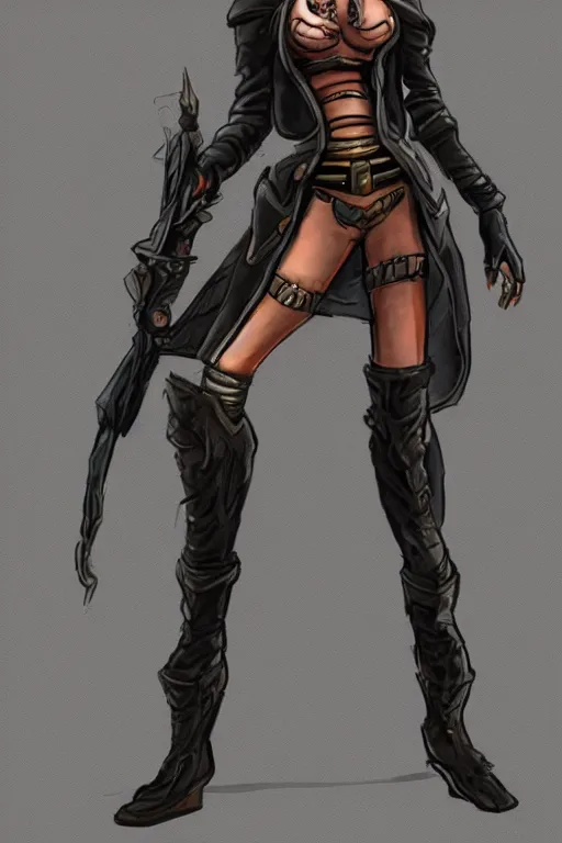 Image similar to Concept art of a beautiful female space pirate. Full body.