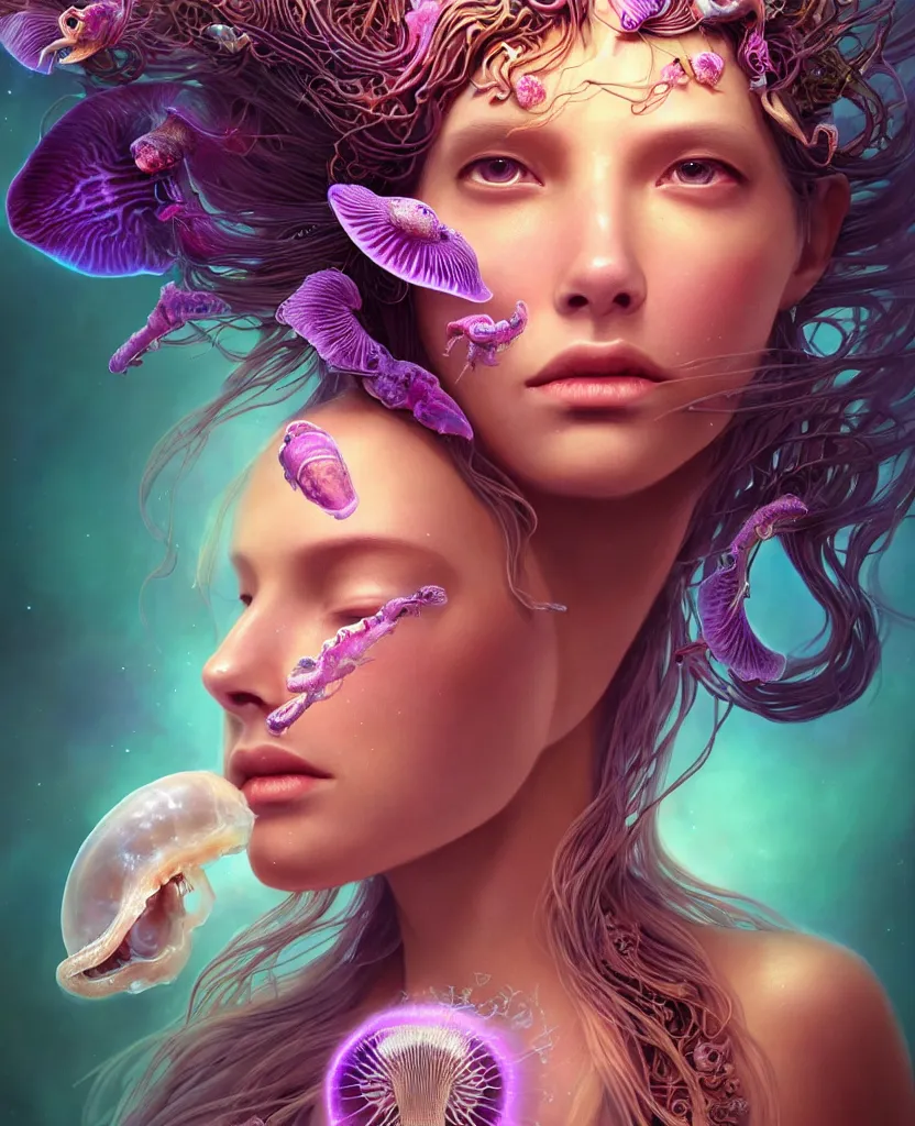 Image similar to goddess princess beautiful woman face close-up portrait ram skull. jellyfish phoenix head, nautilus, orchid, skull, betta fish, bioluminiscent creatures, intricate artwork by Tooth Wu and wlop and beeple. octane render, trending on artstation, greg rutkowski very coherent symmetrical artwork. cinematic, hyper realism, high detail, octane render, 8k