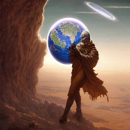 Image similar to masked nomad male wearing a cloak on an alien world and holding a holographic planet projection in his hand, detailed, sci - fi, digital painting, artstation, sharp focus, illustration, ominous, artgerm, tomasz alen kopera, peter mohrbacher, donato giancola, joseph christian leyendecker, wlop, frank frazetta