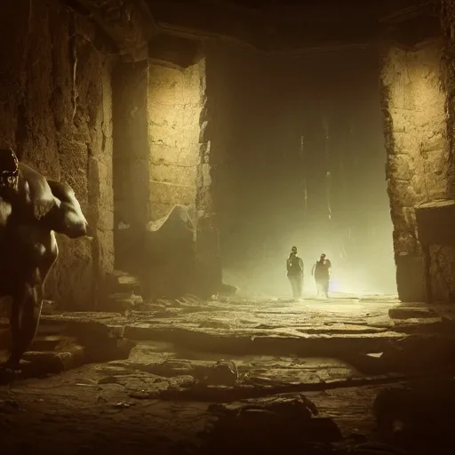 Image similar to a man horrified in a dark basement filled with monsters of unknown power, volumetric lighting, 8 k octane beautifully detailed render, post - processing, extremely hyper - detailed, intricate, epic composition, cinematic lighting, masterpiece, trending on artstation, detailed detailed detailed, masterpiece, beautiful cinematic light,