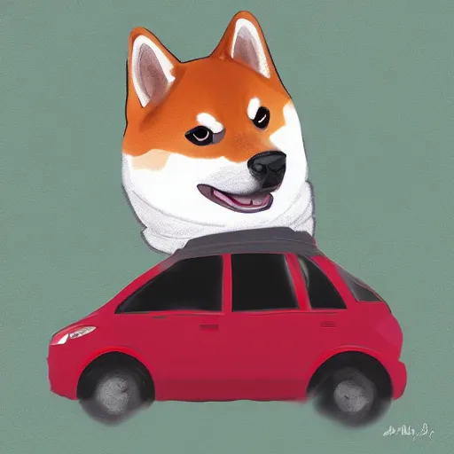 Image similar to anthro shiba inu driving a car, digital art