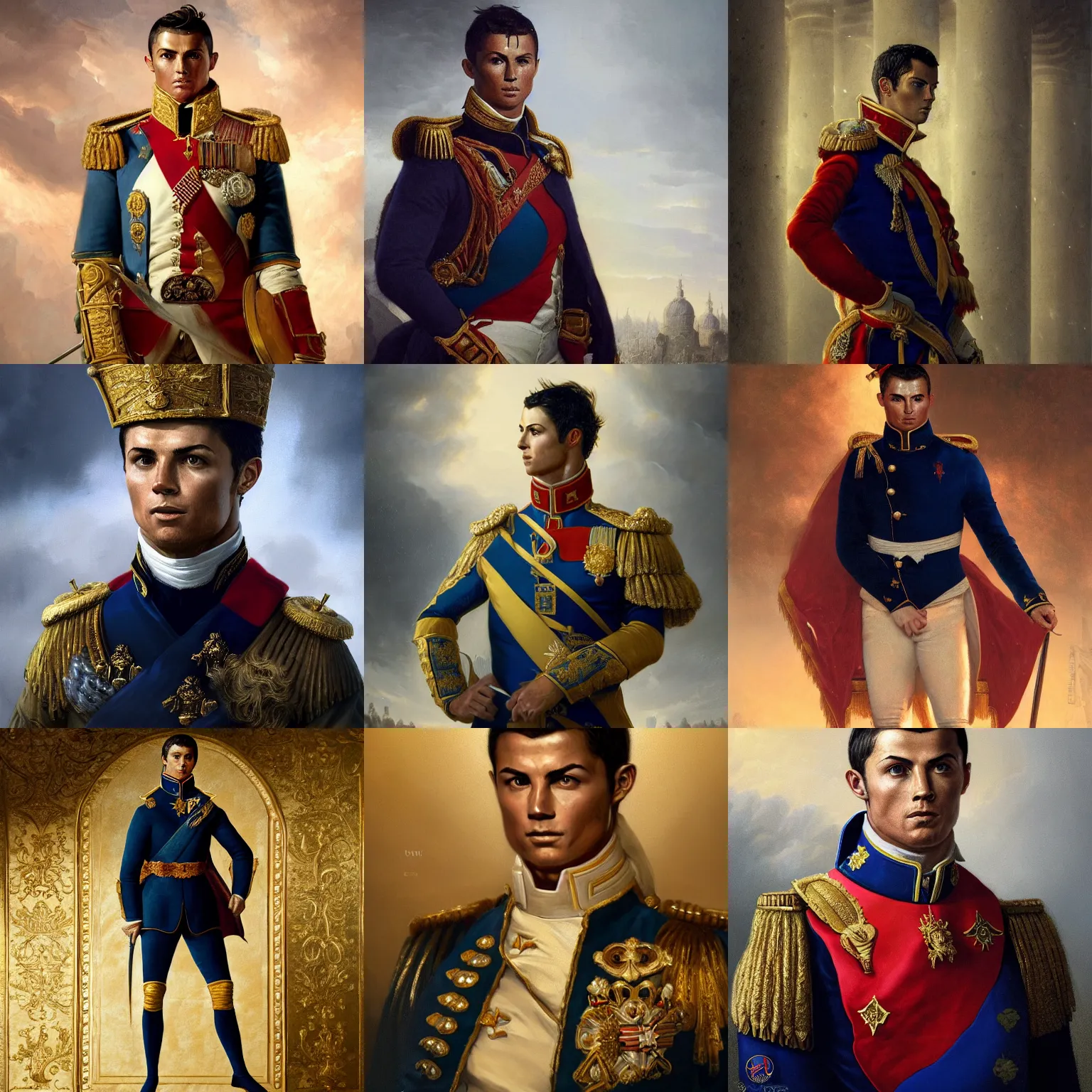 Prompt: Portrait of Cristiano Ronaldo as Emperor Napoleon, stunning screensaver, screensaver, head slightly tilted, natural light, elegant, intricate, fantasy, atmospheric lighting, cinematic, matte painting, Greg Rutkowski