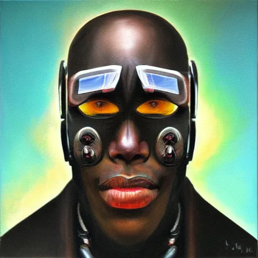 Image similar to a realistic oil painting of a black man as a cybernetic cyborg, surrealism portrait, surrealism album cover