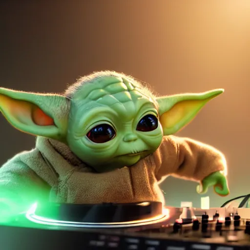 Image similar to full body pose, hyperrealistic photograph of baby yoda as a dj, dim volumetric lighting, 8 k, octane beautifully detailed render, extremely hyper detailed, intricate, epic composition, cinematic lighting, masterpiece, trending on artstation, very very detailed, stunning, hdr, smooth, sharp focus, high resolution, award, winning photo, dslr, 5 0 mm