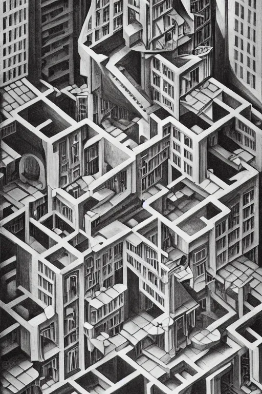 Image similar to A beautiful painting of Multistorey architectures around a hollow patio, seen from above by MC Escher.