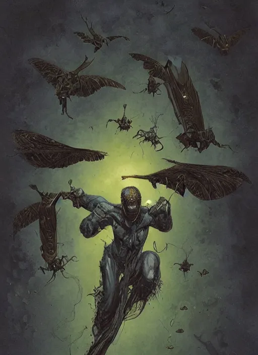 Prompt: fly - man hybrid with proboscis and translucid wings, against dark background, fluid, smooth, organic, crazy, high contrast, sharpness, dramatic, by greg rutkowski and siudmak and richard corben and moebius