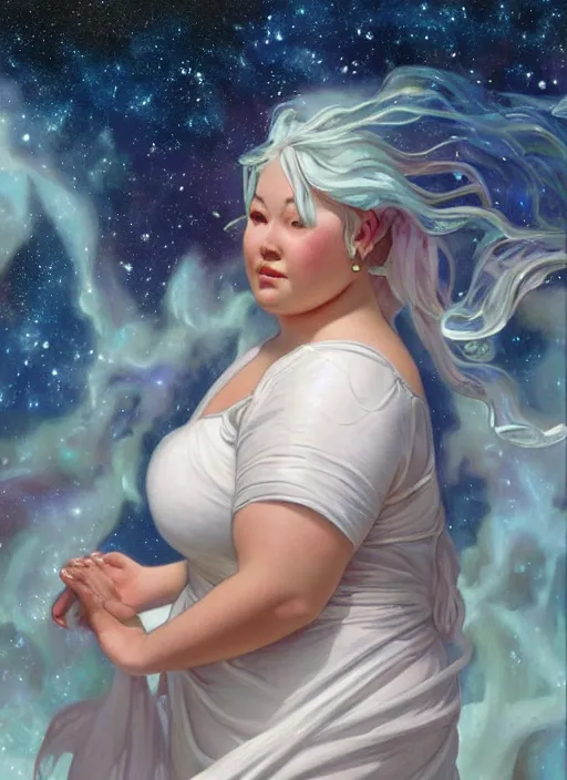 Image similar to a chubby woman with pointed ears, wearing a white sundress, and a swirling sparkling cloud galaxy nebula for hair, realistic painting by ross tran and gerald brom and alphonse mucha, artgerm, trending on artstation