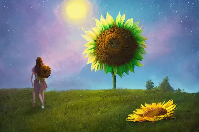 Image similar to giant sunflower as a head, girl walking between trees, hills, surreal photography, dark night, star trails, dramatic light, impressionist painting, clouds, digital painting, artstation, simon stalenhag