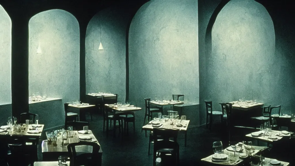 Image similar to the restaurant walls are bending, film still from the movie directed by denis villeneuve and david cronenberg with art direction by salvador dali and zdzisław beksinski, wide lens