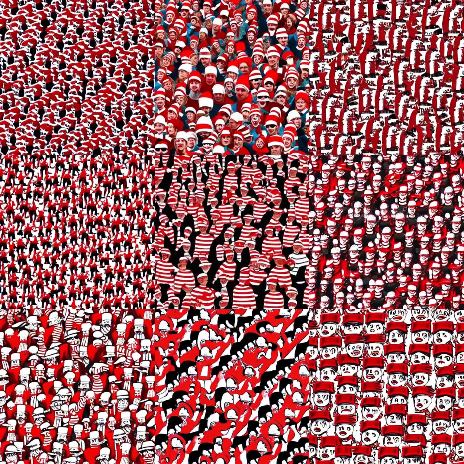 Prompt: where's waldo illustration with a sea of thousands of look - alikes wearing red and white stripped clothing and hats