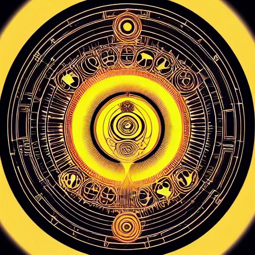 Image similar to 2 d techno buddha in front of concentric geometric radial sun portal with ancient wuji symbols embedded within it, fine lines, sci fi, artstation, yoshitaka amano