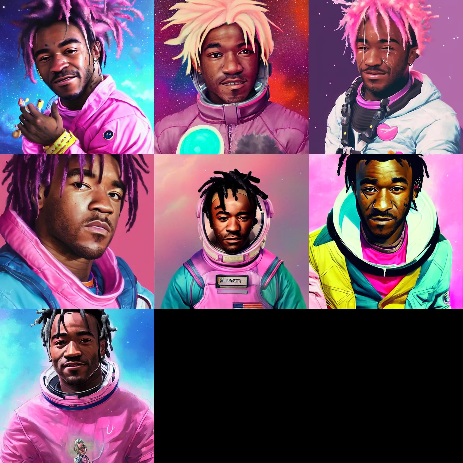 Prompt: Portrait of Lil Uzi Vert wearing a pink spacesuit, surreal background, digital art by Krenz Cushart, trending on artstation, cgsociety, Lil Uzi Vert