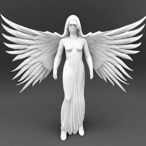 Image similar to 3 d model, high definition, biblically acurate angel, highly detailed, white, feathers, red, heavenly, dynamic lighting, realistic.