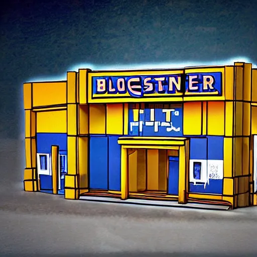Image similar to blockbuster building in the style of a 90s cartoon