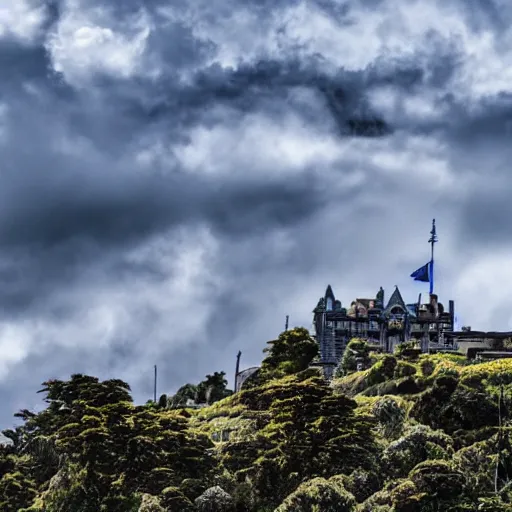 Image similar to grand Castle on top of Auckland mountain, clouds, sun