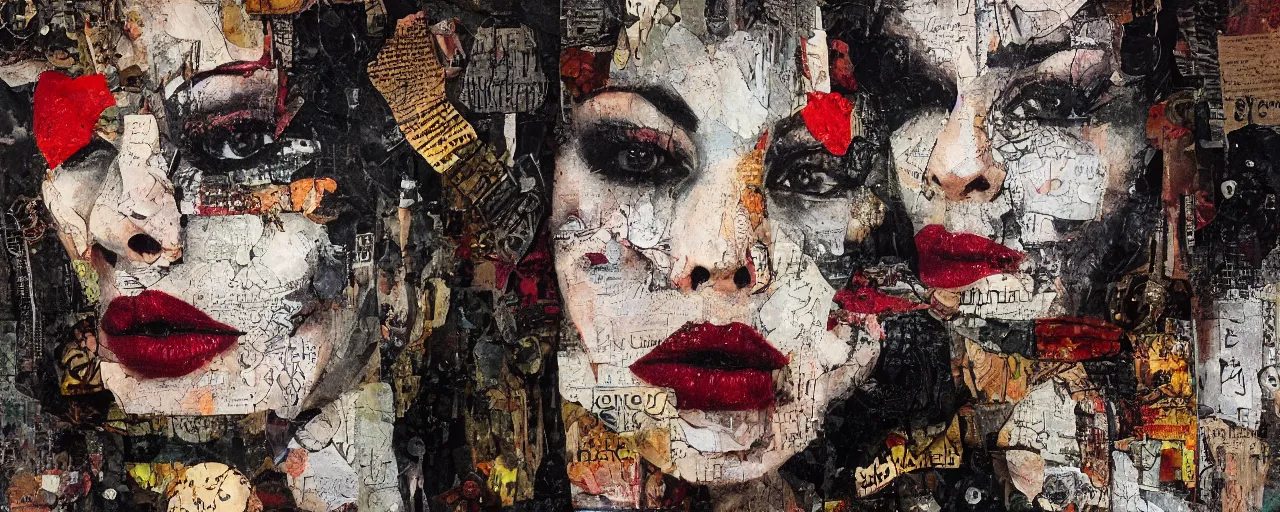 Prompt: kiss me until i start to rot detailed and highly reliefed analogue mixed media collage with canvas texture in style of conteporary art, punk art, photorealistic, expressionism, masterpiece, perfect composition, photorealistic beautiful face, spectacular quality, intricate oil details