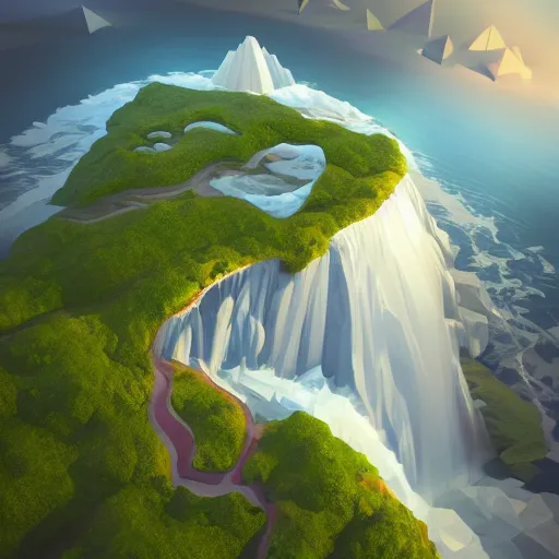 Image similar to low poly art of new york as a floating island in the sky, low poly, isometric art, 3d render, waterfall, high detail, artstation, concept art, behance, ray tracing, smooth, sharp focus, ethereal lighting