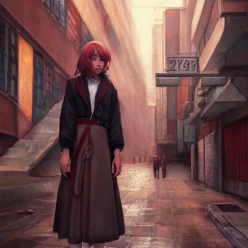 Image similar to a perfect, realistic professional socialist realism socrealist painting of a Japanese schoolgirl posing in a dystopian alleyway, style of Marvel, full length, by a professional Soviet senior artist on ArtStation, a high-quality concept