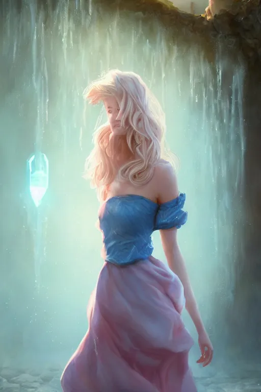 Image similar to detailed portrait of a beautiful blonde haired woman with sparkling blue eyes, elegant, blue cotton dress, background is a fountain in the park, in the style of peter mohrbacher, artgerm, dramatic lighting and composition, pink fog background, octane render, trending on artstation, concept art 8 k