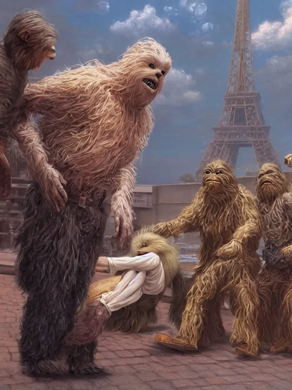 Image similar to rich evans and mike stoklasa save george lucas from a crackhead wookie in 1 9 3 0 s paris, hyperrealistic, 4 k, ultra detailed, intricate detail, octane render, photorealistic, art by wayne barlowe, art by keith parkinson.