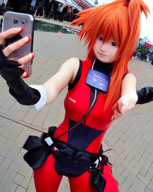 Prompt: asuka langley soryu takes a selfie in real life, asuka langley soryu cosplay, real life photo picture, award winning photograph