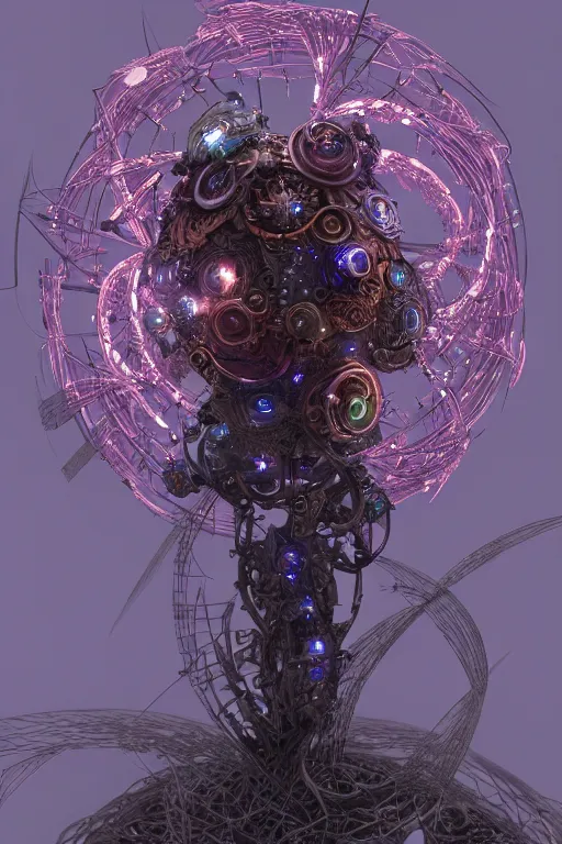 Prompt: a mystical spiral fractal cyborg made of scrap metal and glowing spherical balls and leaves and feathers, 3 d, trending on artstation, octane render, 8 k, by donato giancola