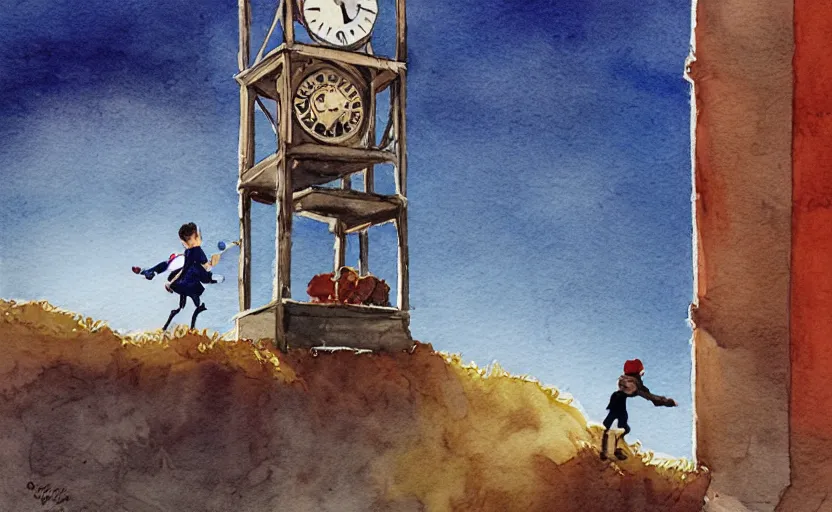 Image similar to a boy fighting a wolf on the edge of a clocktower, by oliver jeffers, watercolor, print