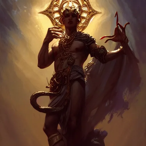 Image similar to extremely unattractive male deity, casting dark magic, summoning handsome god child, fantasy, intricate, elegant, low quality detailed, 4 8 0 p digital painting, artstation, matte, art by gaston bussiere, craig mullins, j. c. leyendecker